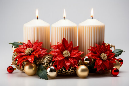 Christmas decoration with burning candles and poinsettia on white backgroundの素材