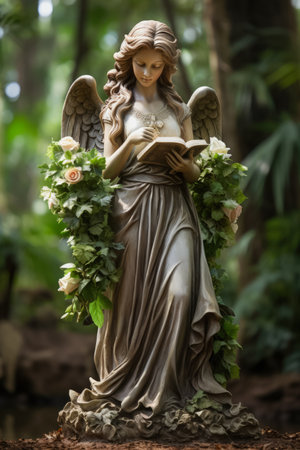 Serene angel statues guard historical monuments in peaceful cemetery landscapesの素材