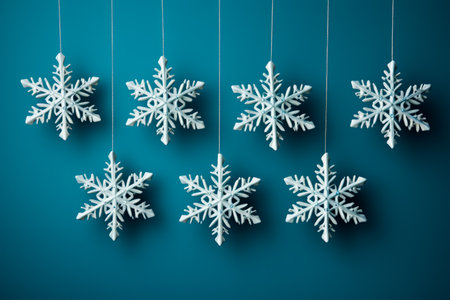 Snowflakes hanging on strings on blue background. 3d illustrationの素材