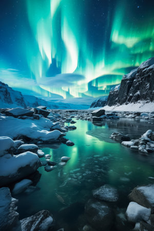 Arctic landscape shimmers beneath ethereal Northern Lights hinting at celestial paradiseの素材