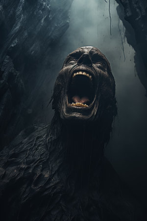 Sinister cave mouth yawning against a gloomy sky evoking infernal dreadの素材