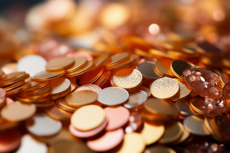 Gold and copper coins close-up, shallow depth of field.の素材