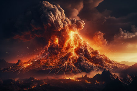 Smoky volcanic eruption in a fiery landscape background with empty space for textの素材