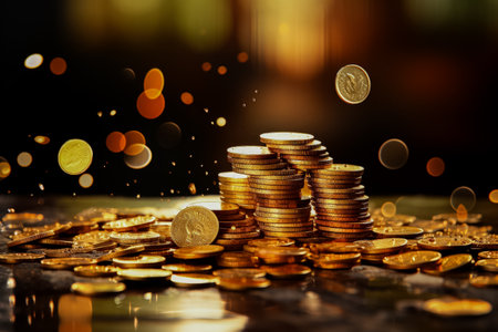 Financial assets and investments including golden dollar coins benefit banking and economics saving with earnings portrayed through an empty realistic coins splash backgroundの素材