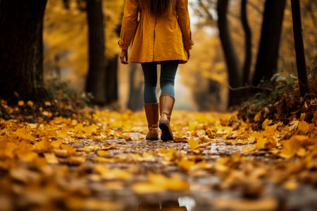 Tourist woman's legs in autumn foliage walking through fallen leavesの素材