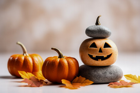 Spooky pumpkin adorned with a mask spa stones and leaves on a light backgroundの素材