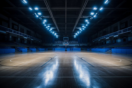 Dramatically lit empty basketball arena view from free throw lineの素材
