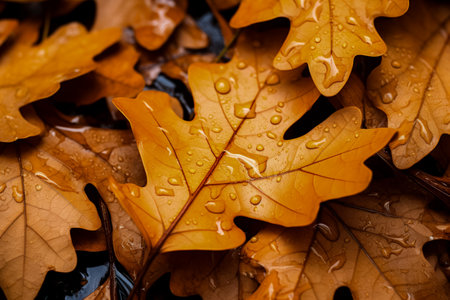 Fallen oak leaves in a close-up view briefly depictedの素材