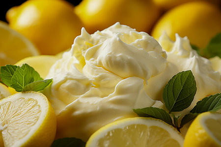 Juicy lemon close-up atop creamy ice cream beautifully refreshingの素材