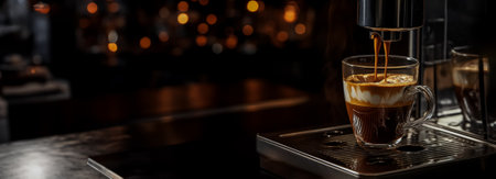 Coffee machine fills glass with espresso making delicious coffeeの素材