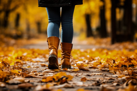 Tourist woman's legs in autumn foliage walking through fallen leavesの素材