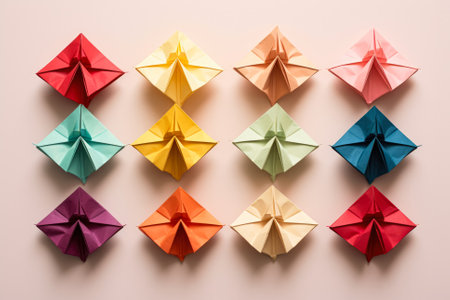 Folded origami fortune symbols for Asian New Year isolated on a gradient backgroundの素材