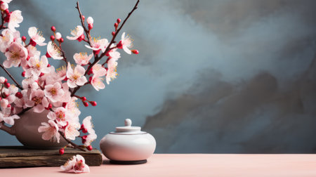 Ceremonial tea service for Asian New Year background with empty space for textの素材