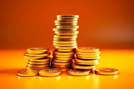Stacked golden coins and ingots for Asian New Year isolated on a gradient backgroundの素材