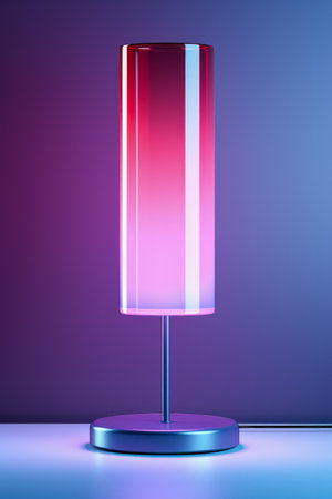 Minimalist LED table lamp illuminating brightly isolated on a gradient backgroundの素材