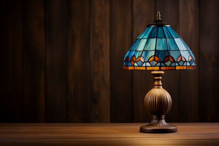 Tiffany-style table lamp on an oak table background with empty space for textの素材