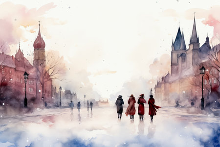 Victorian carolers watercolor portrayal in snowy town square background with empty space for textの素材