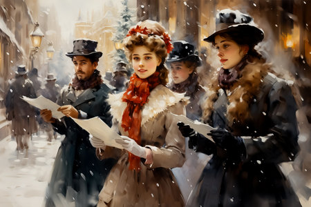 Victorian carolers serenading a snow-kissed town square in watercolor portrayalの素材