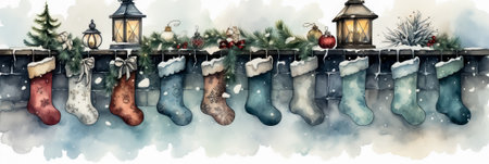 Watercolor Christmas stockings hanging fireside snowy scene background with empty space for textの素材