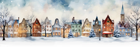 Watercolor town square Christmas tree decoration snowy scene background with empty space for textの素材