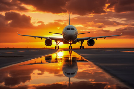 Airplane taking off at sunriseの素材