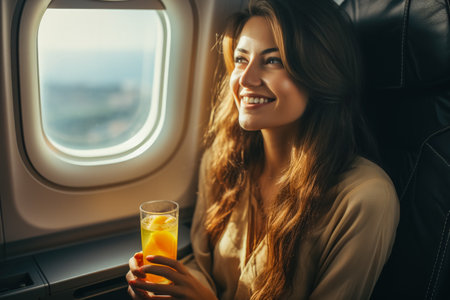 Passenger sipping a beverage in-flightの素材