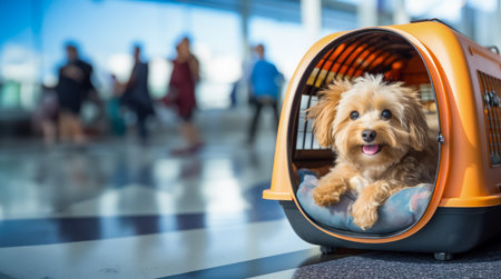 Pet in a travel carrier at the airportの素材