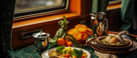 Delicious meals served in train dining carsの素材