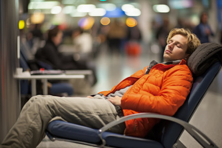 Passenger napping in airport terminalの素材