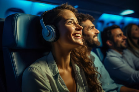 People enjoying onboard entertainment during the journeyの素材