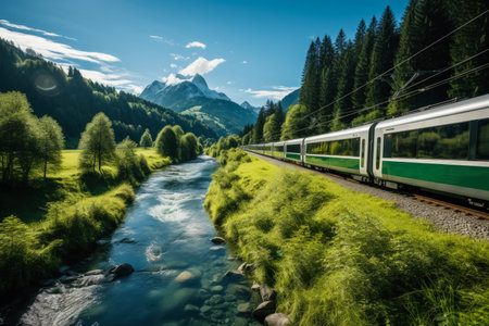 Stunning views of train routes through mountains forests and countrysideの素材