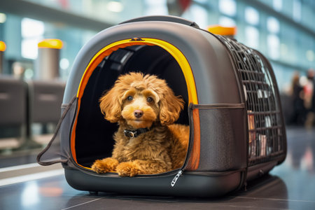 Pet in a travel carrier at the airportの素材