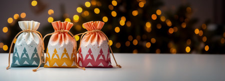 Reusable fabric gift bags with festive prints isolated on a gradient backgroundの素材