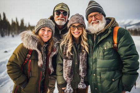 Multigenerational family wearing vintage and modern ice fishing attire showcasing evolutionの素材