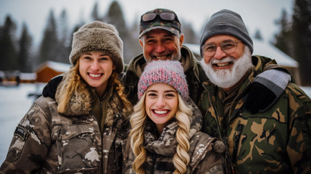 Multigenerational family wearing vintage and modern ice fishing attire showcasing evolutionの素材
