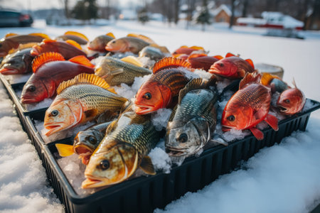 Assorted colorful fish species displayed after successful ice fishing adventureの素材
