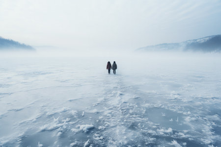 Frozen lake with individuals winter swimming background with empty space for textの素材