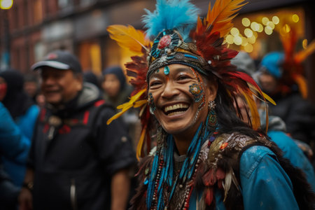 Traditionally dressed locals enjoying lively street carnival on New Years Eveの素材