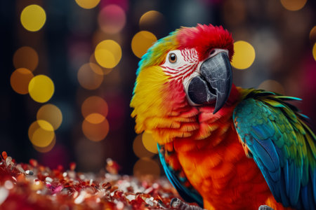 Tropical parrot with tinsel under palm tree background with empty space for textの素材
