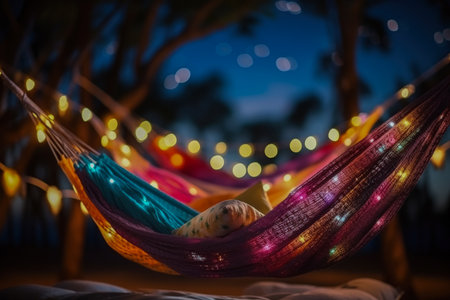 Hammock party under starlit sky on New Years Eve background with empty space for textの素材