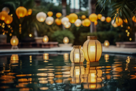 Floating lanterns on pool at tropical New Years party background with empty space for textの素材