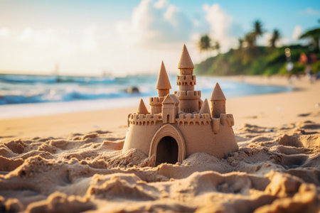 Sandcastle contest finale at tropical New Years Eve background with empty space for textの素材