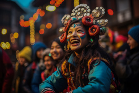 Traditionally dressed locals enjoying lively street carnival on New Years Eveの素材