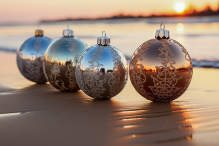 Christmas ornaments gleaming on palm trees along a serene tropical beachの素材