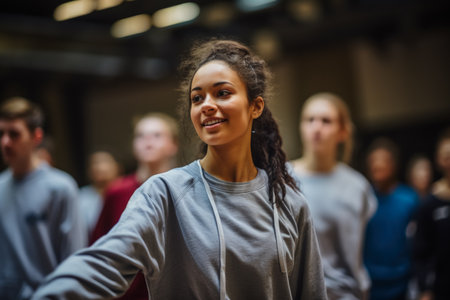 A choreographer leading a group of dancers through a complex routine during rehearsalの素材