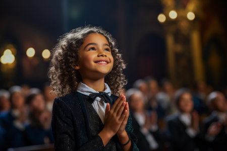 A talented child actor taking a final bow eliciting a standing ovation from the audienceの素材