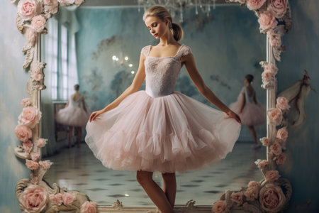 Ballerina in a tutu twirling gracefully in front of a full-length mirrorの素材