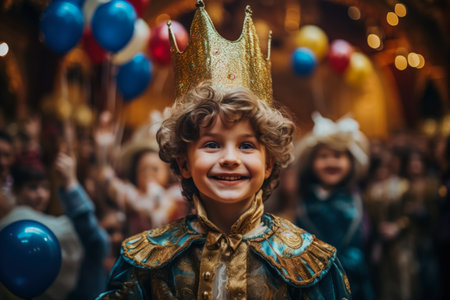 A child attending a theater-themed birthday party complete with costumes and mini performancesの素材