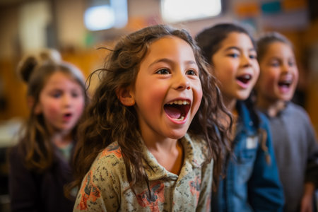 A group of children's theater students enthusiastically rehearsing a lively musical numberの素材