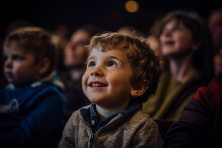A wide-eyed little boy gazes with wonder at the stage during his first theater visitの素材